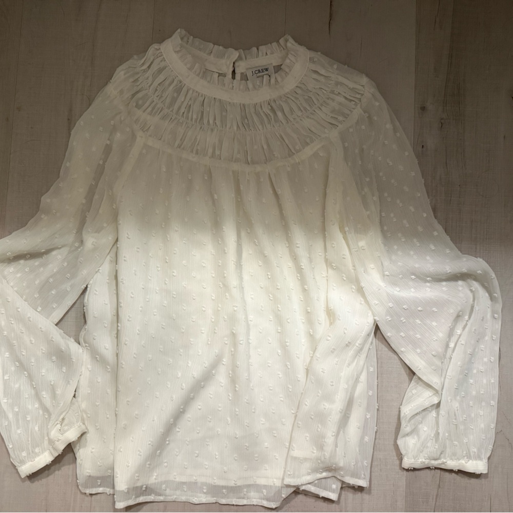 J. Crew Ivory Swiss Dot Ruffled Yoke Long Sleeve Blouse